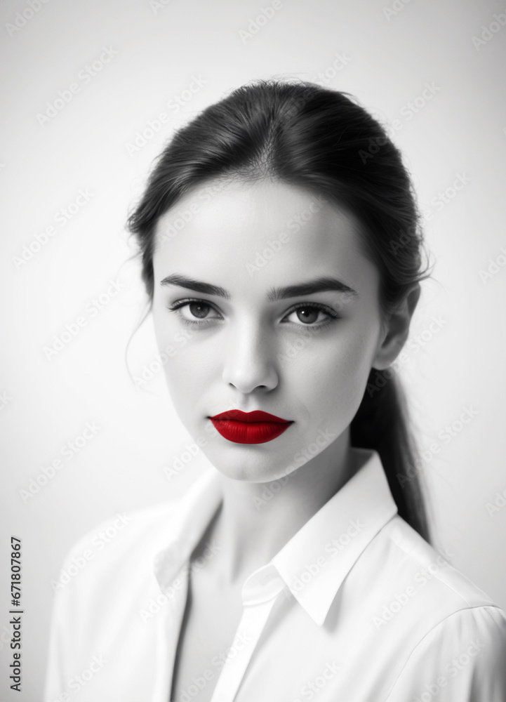 ritratto primo piano high key di volto di giovane donna, labbra con rossetto rosso acceso, sfondo bianco, capelli scuri mossi ritratto primo piano high key di volto di giovane donna, labbra con rossetto rosso acceso, sfondo bianco, capelli scuri mossi
