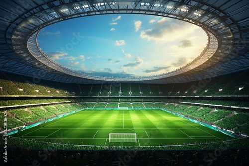 A bright soccer stadium with a green field, filled with excitement and a sense of competition. Generative AI