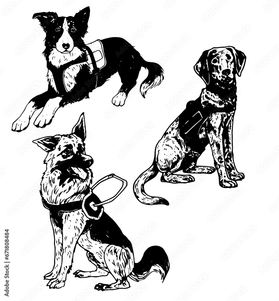Three service dogs vector illustration set