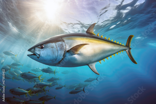 Tuna cruising through the deep blue ocean
