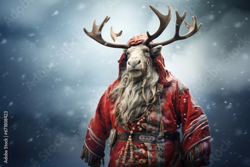 Un renne habillé en tenue de Père Noël, des flocons de neige et une lumière solaire