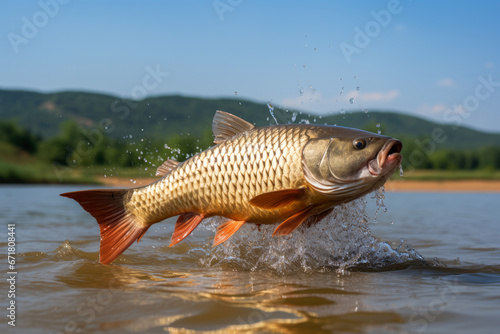 Carp gracefully jumping from the lake