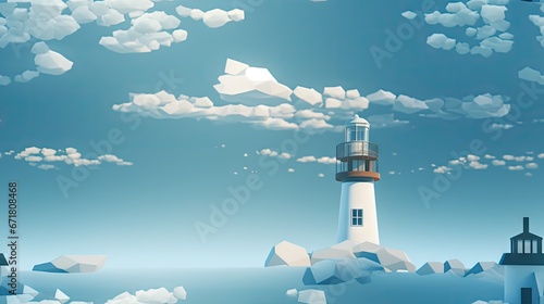  a painting of a lighthouse in the middle of the ocean with clouds in the sky and a full moon in the background. generative ai