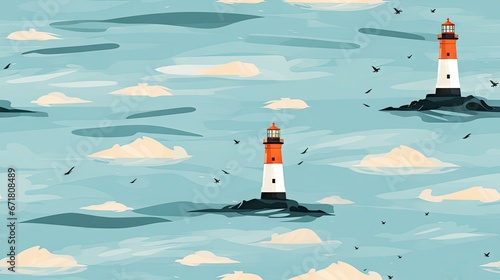  a painting of two lighthouses in the middle of a body of water with birds flying around the top of them. generative ai
