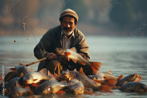 Carp fisherman with his catch