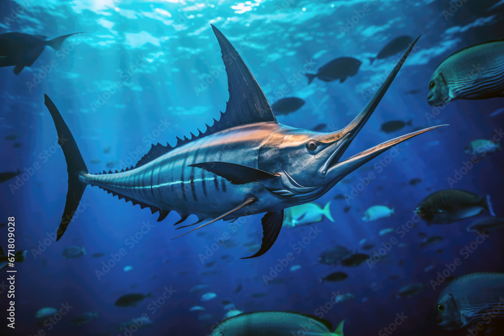 Fototapeta premium Powerful swordfish effortlessly navigating the deep blue ocean