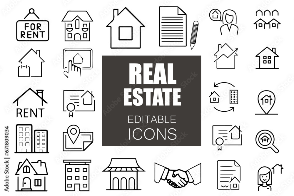 Real Estate Line Editable Icons set. Vector illustration in modern thin line style of icons related to real estate transactions, types of real estate. Set of line icons related to real estate