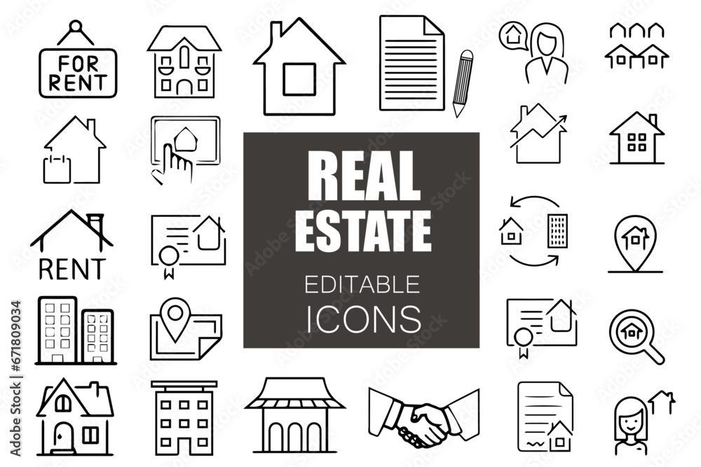 Real Estate Line Editable Icons set. Vector illustration in modern thin line style of icons related to real estate transactions, types of real estate. Set of line icons related to real estate Real Estate Line Editable Icons set. Vector illustration in modern thin line style of icons related to real estate transactions, types of real estate. Set of line icons related to real estate