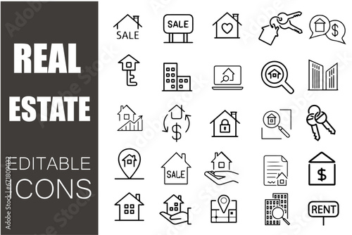 Real Estate Line Editable Icons set. Vector illustration in modern thin line style of icons related to real estate transactions, types of real estate. Set of line icons related to real estate