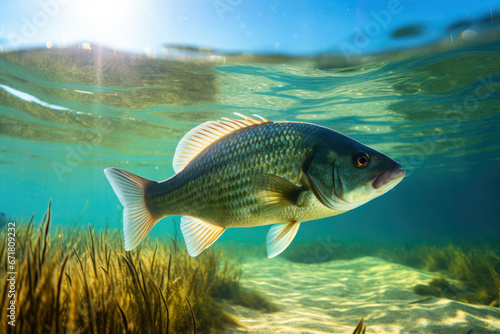 Magnificent bass fish gliding gracefully through the tranquil freshwater environment