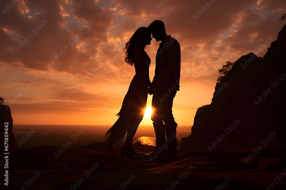 A romantic couple silhouetted against a setting sun.
