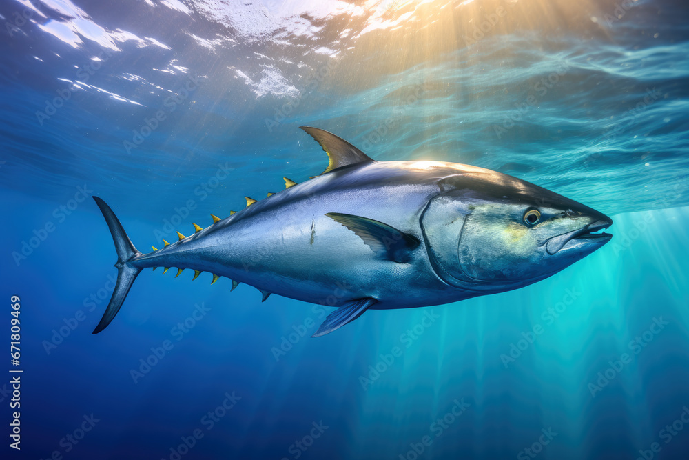 Fototapeta premium Tuna cruising through the deep blue ocean