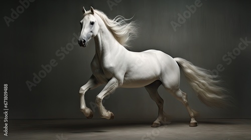  a white horse is galloping in a black and white photo with a long mane and tail blowing in the wind.  generative ai © Olga