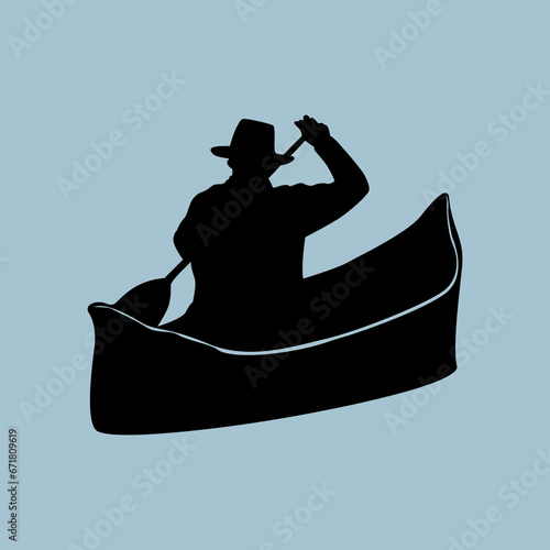 silhouette of a man carrying a prahu or small canoe, vector of a fisherman in a hat. black shape logo icon