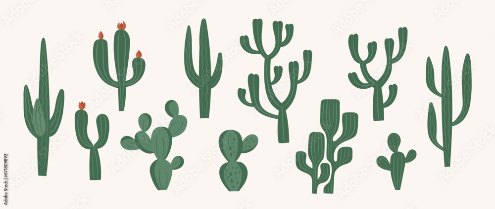 Cacti, desert plants set with cute hand drawn western cactuses