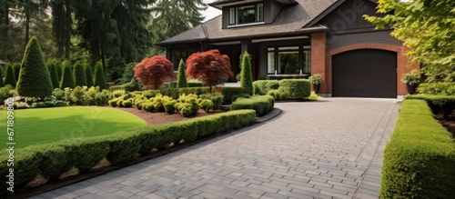 Colonial style new house with a front facing view featuring a brick entrance walkway paved driveway and landscaped garden