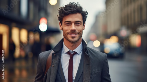 Handsome young businessman is walking on the street and smiling