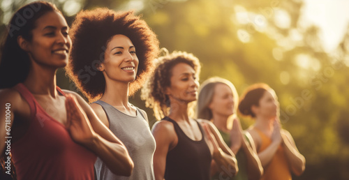 A diverse group of women from various ethnic backgrounds stretches their arms outdoors, participating in a yoga class and engaging in breathing exercises at the park. The beautiful and fit women colle