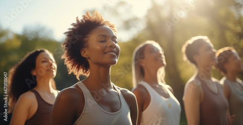 A diverse group of women from various ethnic backgrounds stretches their arms outdoors, participating in a yoga class and engaging in breathing exercises at the park. The beautiful and fit women colle