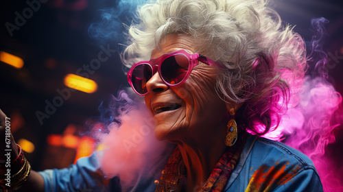 Stylish elderly woman in fashionable glasses dances funny in a nightclub. Senior woman having fun in neon lighting. © Karim Boiko