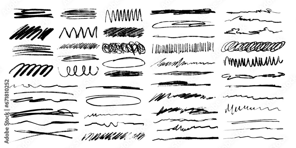 Grunge scrawls, charcoal scribbles, rough brush strokes, underlines and circles. Bold charcoal freehand stripes and ink shapes. Crayon or marker scribbles. Vector illustration - obrazy, fototapety, plakaty 