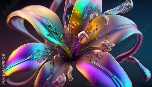Iridescent lily flowers made of iridescent liquid