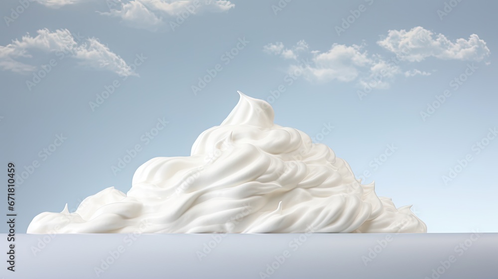  a pile of whipped cream sitting on top of a white counter top in front of a blue sky with clouds.  generative ai