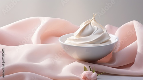  a white bowl filled with whipped cream on top of a pink satin covered table cloth next to a pink rose.  generative ai