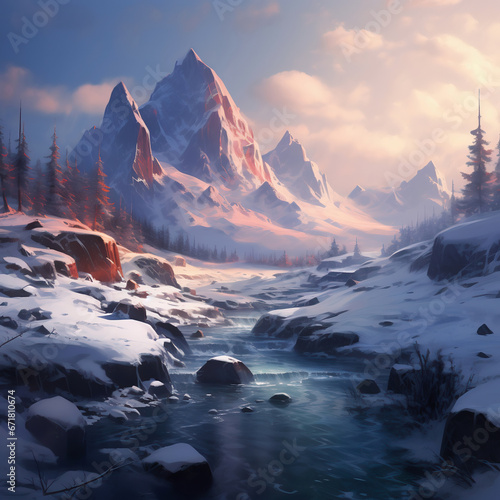 Winter mountain landscape with river and forest at sunset, 3d illustration