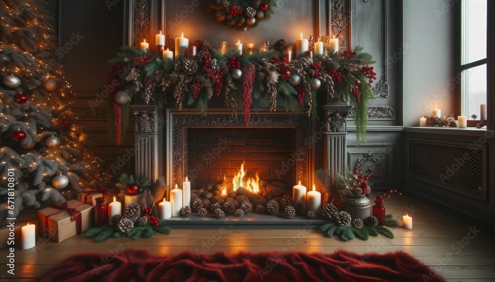 Christmas fireplace, the mantel decorated with pine cones, candles, and a garland of holly berries. A plush red rug lies in front, and the room is dimly lit by the fireplace's gentle flames.