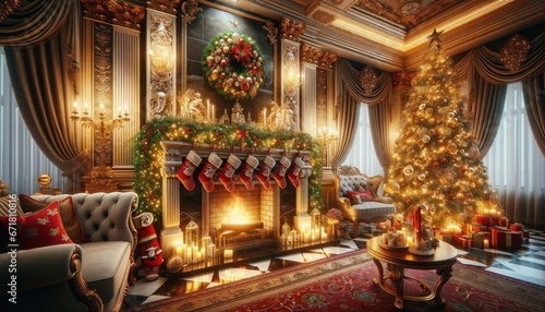 Lavishly decorated Christmas fireplace, adorned with festive ornaments, stockings, and twinkling fairy lights. The warm glow of the burning logs casts a serene ambiance throughout the room.