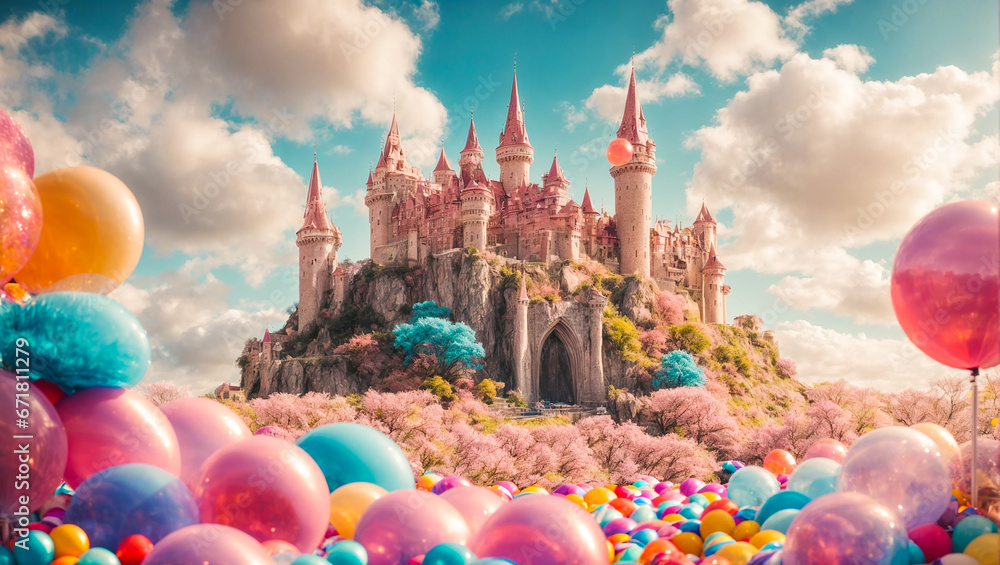 Cute fairytale castle in the clouds - obrazy, fototapety, plakaty 