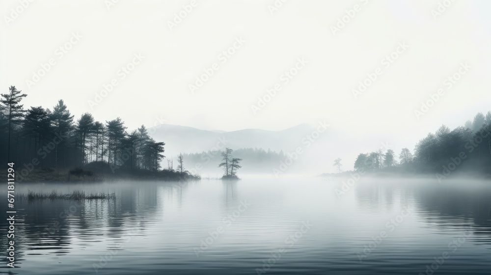  a body of water surrounded by trees in the middle of a foggy day with a boat in the middle of the water.  generative ai