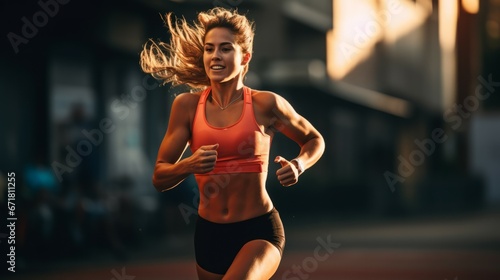 Young woman running in the city at early morning  healthy lifestyle concept.