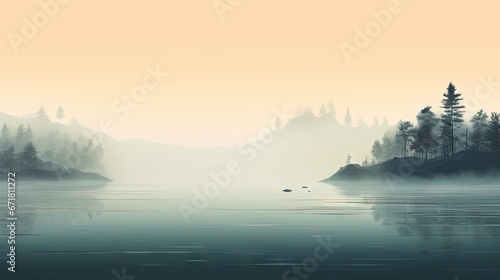  a large body of water with trees on the shore and fog in the air over the water and mountains in the distance. generative ai