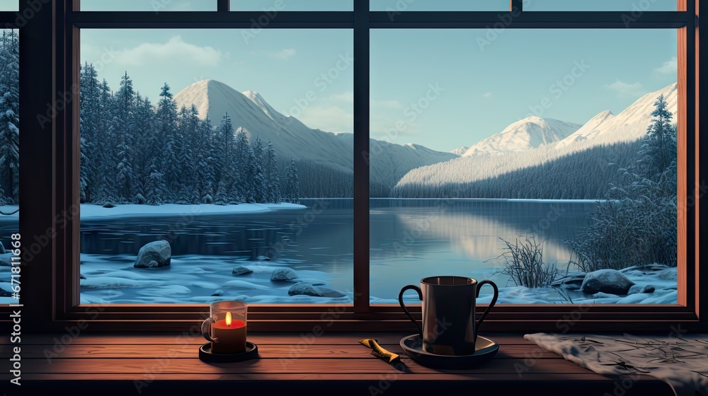  a window view of a snowy mountain lake with a cup of coffee and a lit candle on the window sill.  generative ai