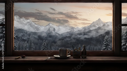 a window view of a mountain range with a cup of coffee and a bottle of wine on a table in front of it.  generative ai © Olga