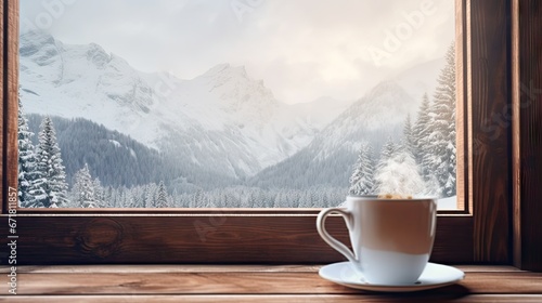  a cup of coffee sits on a table in front of a window with a view of a snowy mountain range.  generative ai © Olga