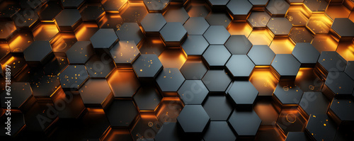 3D Abstract Digital Technology: Glowing Hexagonal Background in Luxurious Gold, Brown, Gray, and Black photo