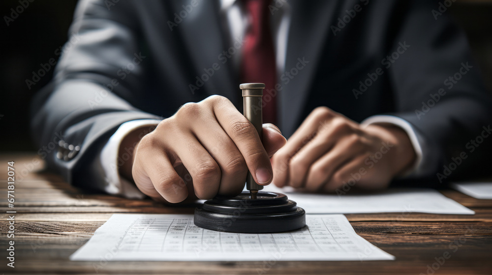 Hand of Businessman Using Stamp for Document Decision: Approve or Reject - obrazy, fototapety, plakaty 