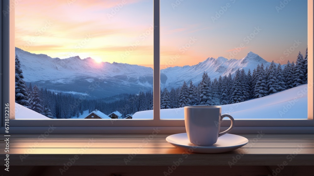  a cup of coffee on a saucer in front of a window with a view of a snowy mountain range.  generative ai