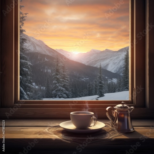  a cup of coffee sits on a table in front of a window with a view of a snowy mountain range.  generative ai © Olga