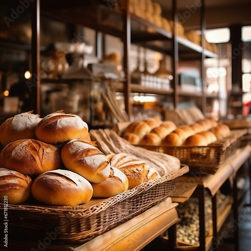 Assortment of fresh bread in bakery shop. Bakery and food concept
