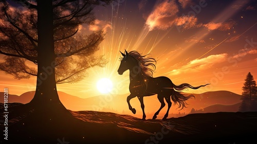  a horse is galloping through the sunset with a tree in the foreground and a mountain in the background.  generative ai © Olga