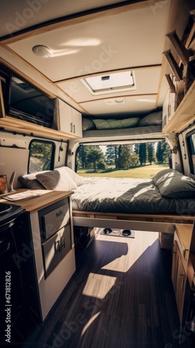 A luxurious vozy camper decorated with furnishings, cozy pretty indoor interior. A lovely motorhome for traveling in comfort. Generative AI. © Stefan95