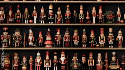  a shelf filled with lots of nutcrackers and figurines on top of wooden shelves next to each other. generative ai