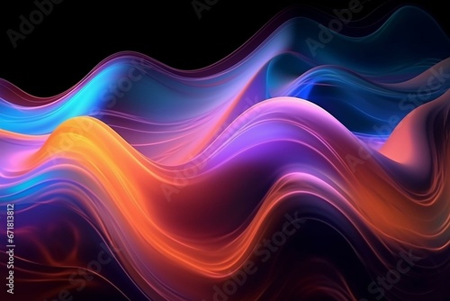 Abstract holographic wave with neon colors and fluid motion on a dark background. Generative AI