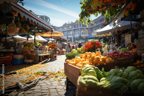 A bustling food market with a kaleidoscope of fresh produce, street food vendors, and eager shoppers, highlighting the diversity of culinary delights. Generative Ai.