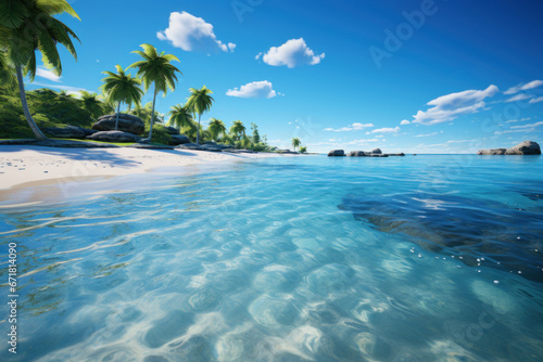 A pristine beach with crystal-clear waters, palm trees, and sunbathers, embodying the allure of tropical paradise. Generative Ai. © Sebastian