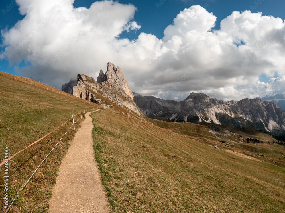Amazing landscape of the Dolomites Alps. Location: Dolomites Alps, Seceda, South Tyrol, Italy.